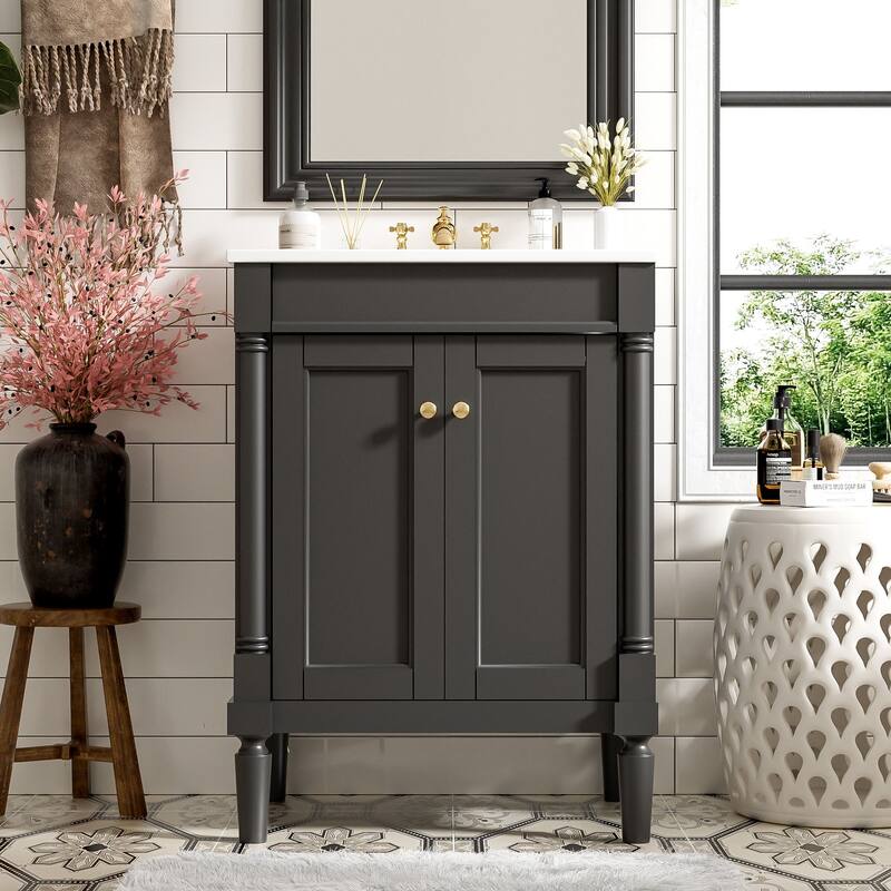 24 Inch Bathroom Vanity with Ceramic Top Sink, Freestanding Single Sink Vanity with Storage Shelves, Modern Style