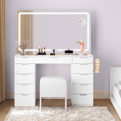 Moasis Vanity Desk with Stool Lighted Mirror Makeup Table - 46"L x 15.7"W x 55.4"H