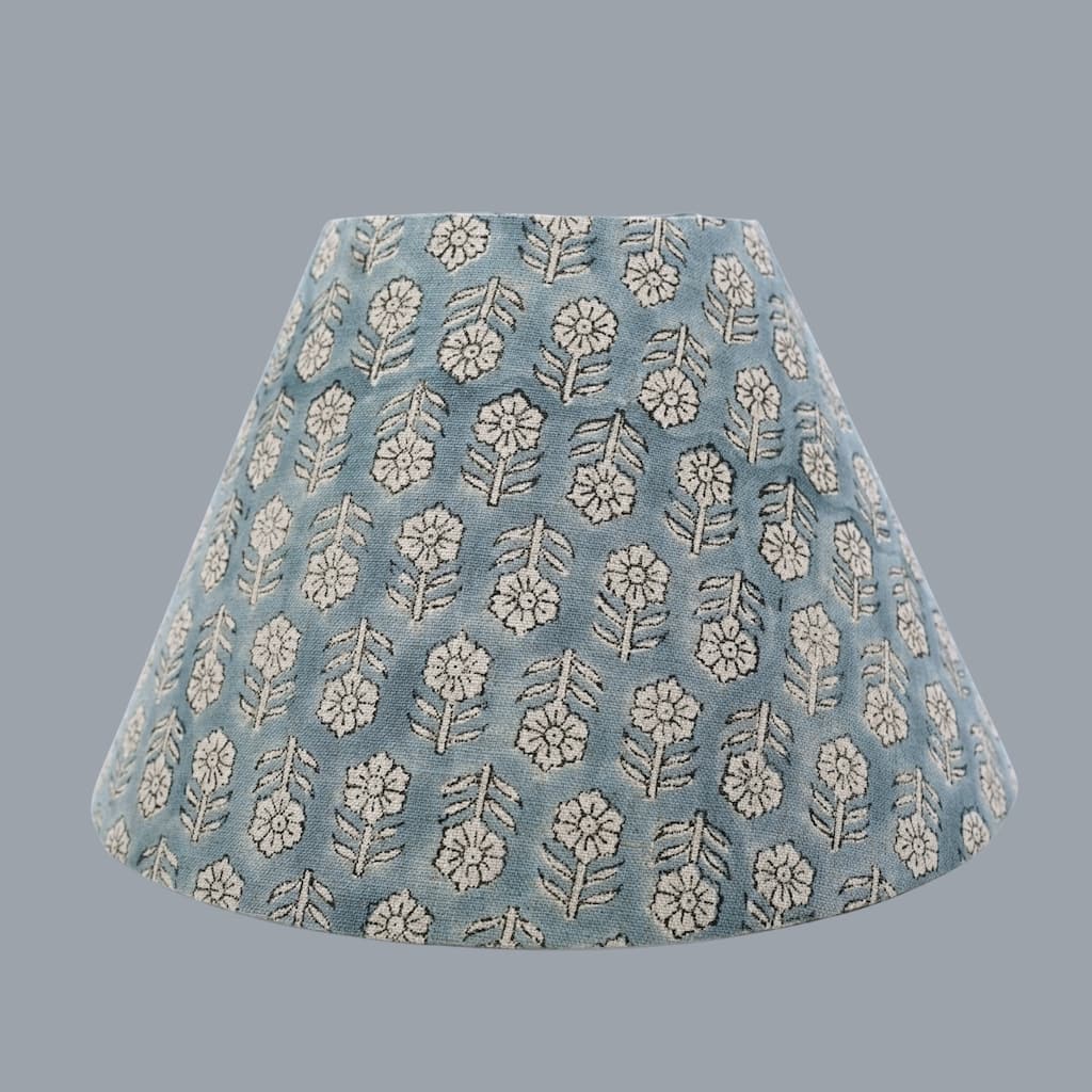 Fabdivine Artisan Handmade Tulsi Buti Floral Blue Block Print Pure Linen Lampshade for Home Decor, Bedside & Living Room