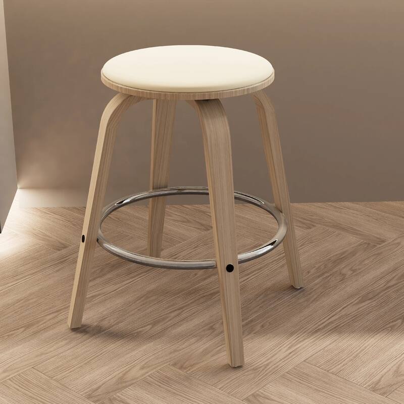 Pelya Leather Swivel Round Counter Stool with Wood Legs and Chrome Footrest for Kitchen Island or Dining Area Set of 2