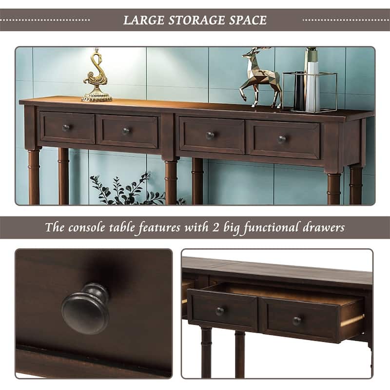 Solid Wooden Console Sofa Table, With 2 Drawers, Bottom Storage Shelves, Easy Assembly, Farmhouse Console Sofa Table