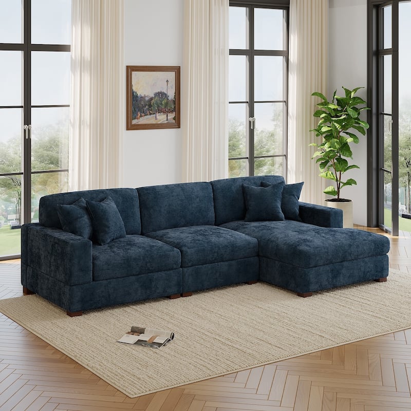 Oversized Modern Chenille Modular Sectional Sofa with Chaise - Right Facing - Blue-3 Piece