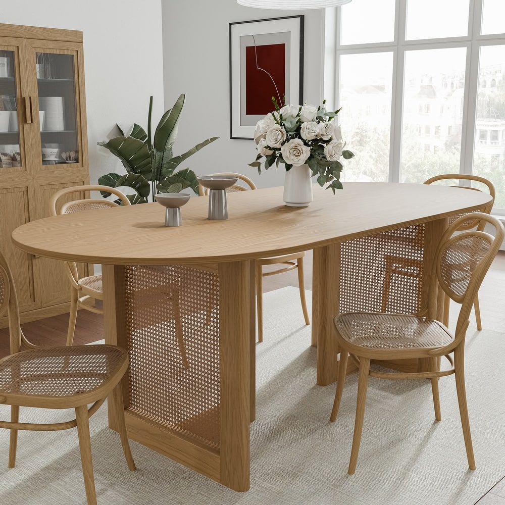 Modern Farmhouse Kitchen Dining Room Table Furniture Oval Kitchen Table with Rattan Woven Legs for Kitchen Bar Living Room