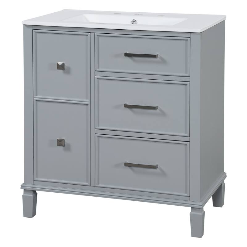 30" Bathroom Vanity with Ceramic Sink, Flip-Out Drawer, Soft Close Doors & Drawers Cabinet with Solid Wood Legs