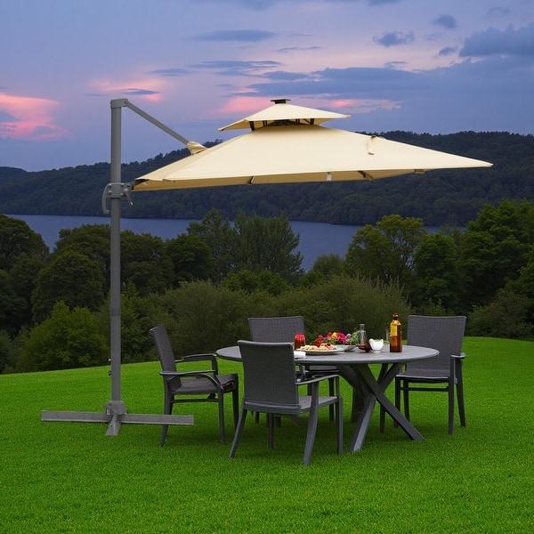 360-degree led cantilever offset patio umbrella w/ tilt - 10ft Best Choice Products 360 Rotating Easy Auto Open Solar Lights 78.5 sq ft) Cantilever Patio Umbrella, Solar LED