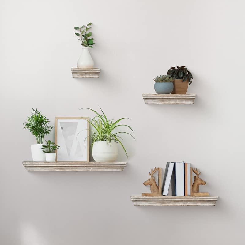 The Gray Barn Norwich Whitewashed Floating Shelves with Crown Molding (Set of 4)