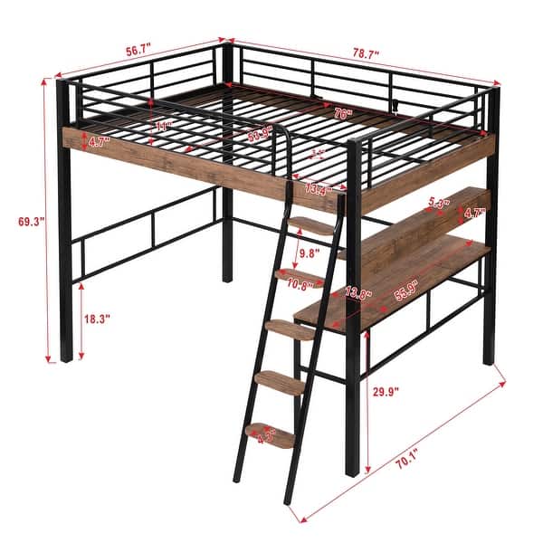 Full Metal Loft Bed with Desk and Storage Shelf, Black