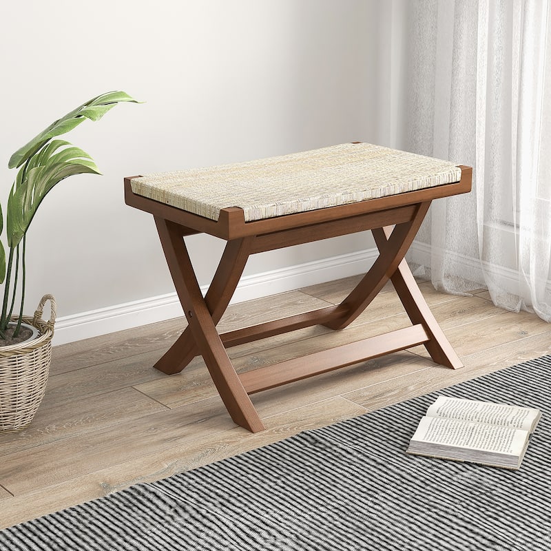 Gymax Folding Natural Rattan Ottoman w/ Hand-woven Seat & X-shaped