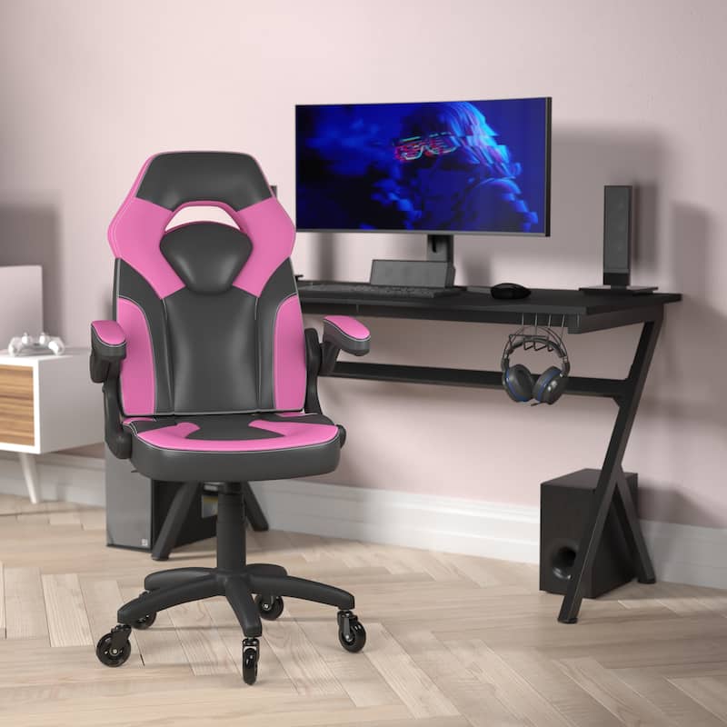 Office Gaming Chair with Skater Wheels & Flip Up Arms - LeatherSoft - Green/Pink