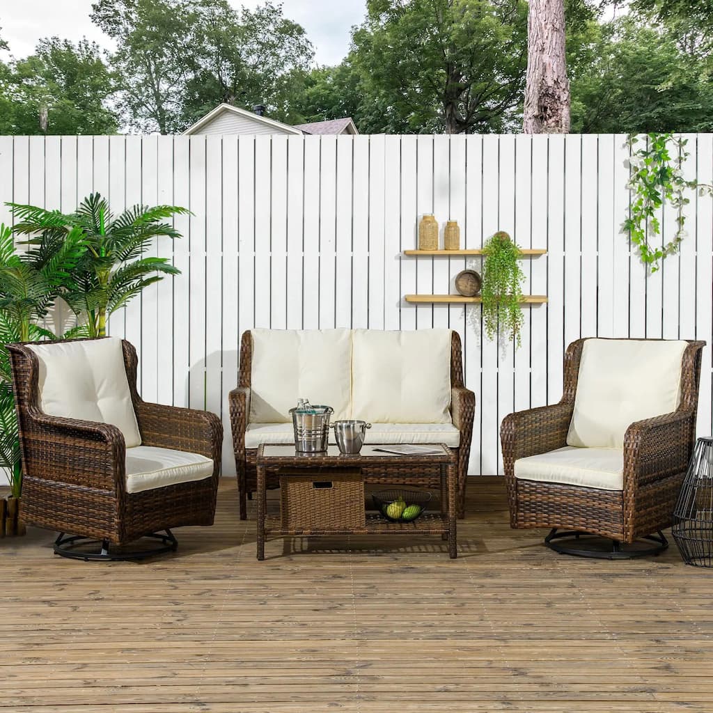 4PCS Rocking PE Rattan Patio Set,Loveseat Teak Table,Weatherproof