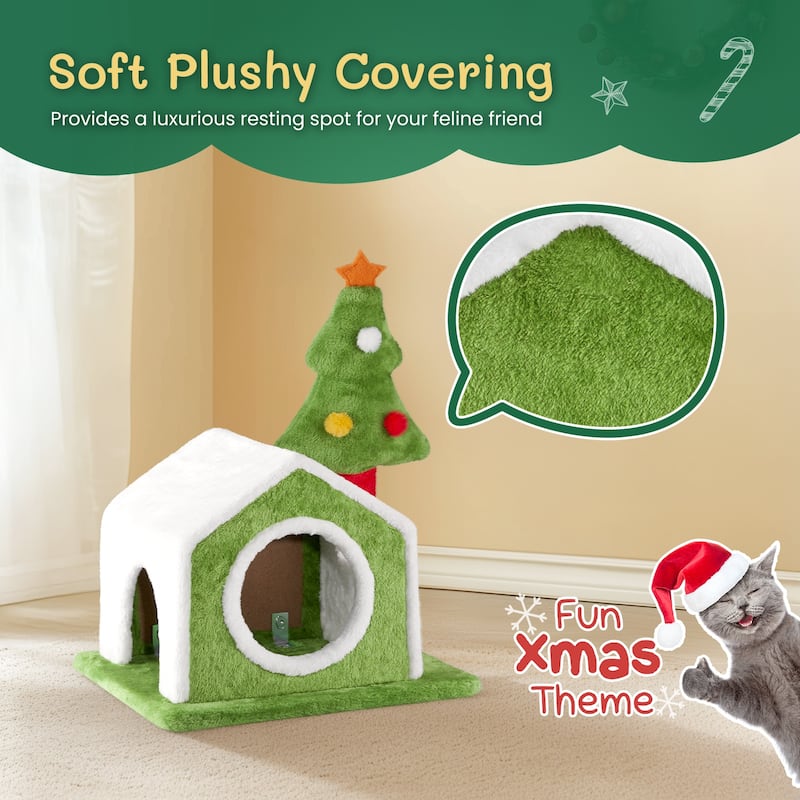 Christmas Cat House Cat Bed Cave, Soft Plush Christmas Nest Holiday Decor For Indoor Cats - (17.5 x 15.7) in - Green-Red-White