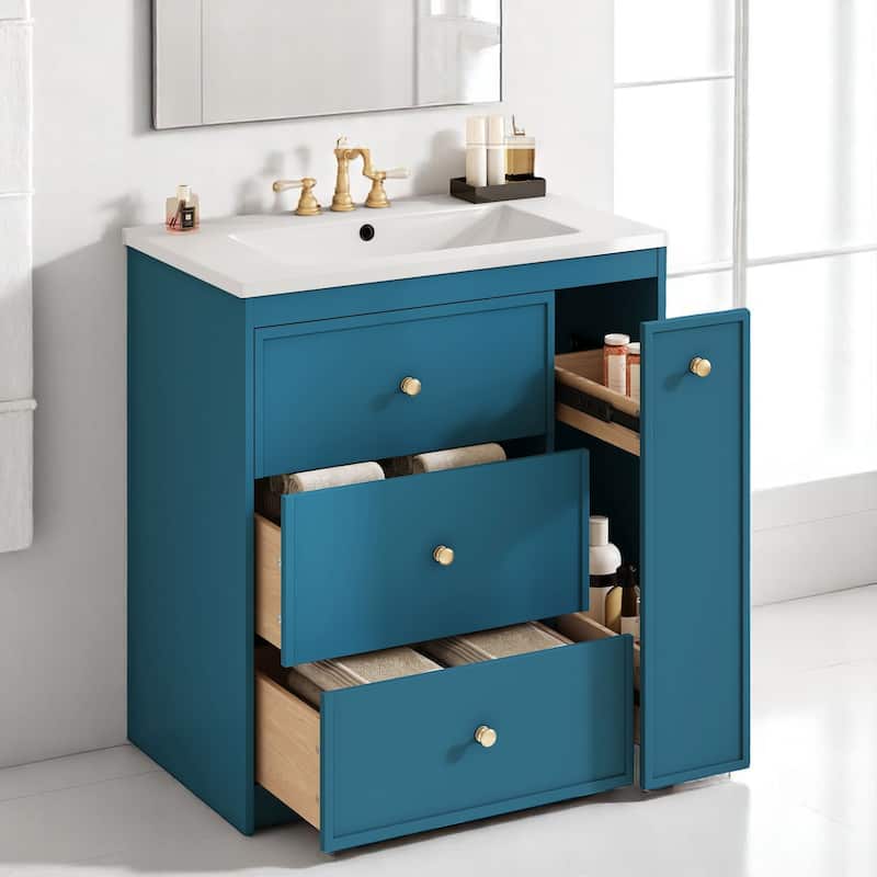 30 Inch Freestanding Bathroom Vanity with Sink, Ceramic Top & 4 MDF Drawers, Soft Blue Finish