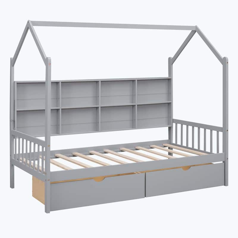Comfortable Wooden House Bed with 2 Drawers,Kids Bed with Storage Shelf