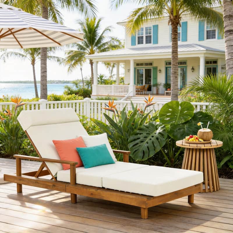 Christopher Knight Home - Modern Indoor/Outdoor Acacia Wood 4-Fold Adjustable Chaise Lounge with Water-Resistant Cushion - Beige+Teak Finish