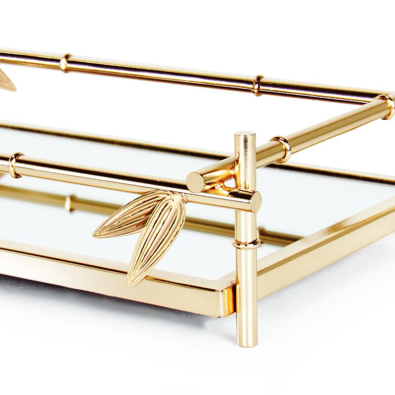 Gold Bamboo Style Rectangle Metal Mirror Decorative Tray Serving Platter