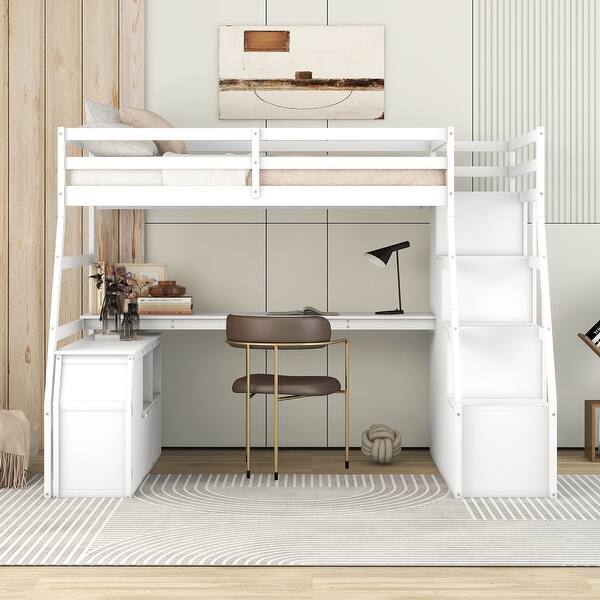 slide 2 of 39, Modern Design Twin Size Loft Bed with Drawers & Shelves White