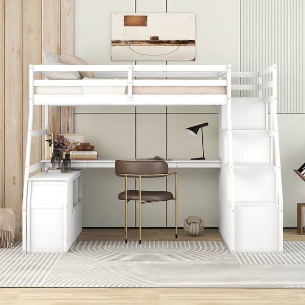 slide 1 of 1, Pine Wood High Loft Bed with Stairs & Desk, Space Saving Kids Loft Bed with 7 Storage Drawer, 2 Shelves, Full-Length Guardrail Espresso - Twin