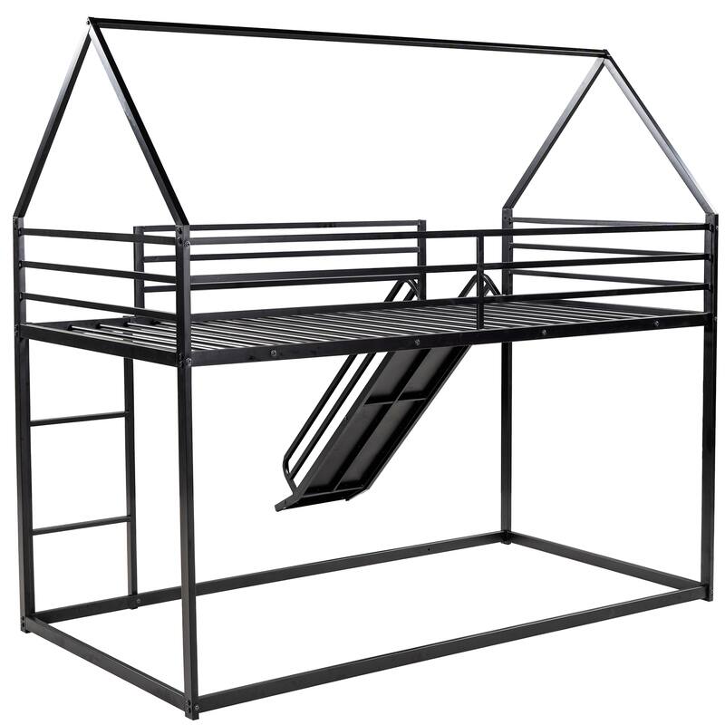 Twin Over Twin House Bunk Bed with Ladder and Slide, Black