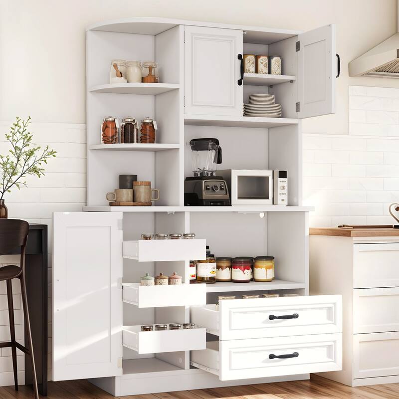 64" White Kitchen Pantry w/ Power Outlet, Sliding Racks & 3 - Tier Shelves