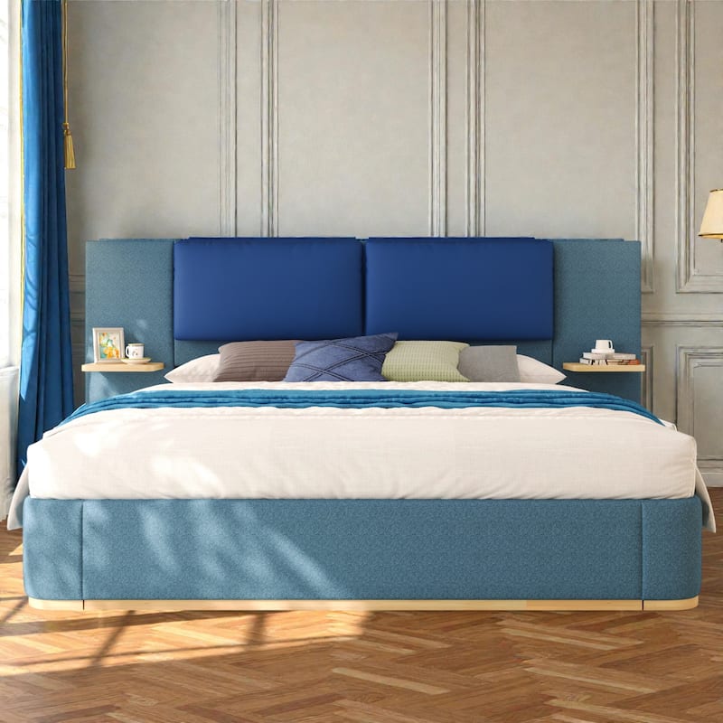Upholstered Platform Bed Frame with Side Storage Panels, Soft Rounded Corners, Cushioned Headboard & No Box Spring Needed - Blue - Queen