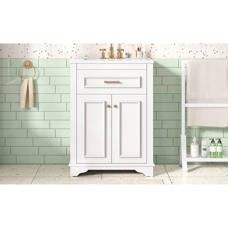 24" Bathroom Vanity with Integrated Ceramic Sink, Bathroom Cabinet with 2 Doors, 1 Tip-Out Drawer