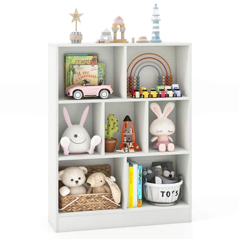 Kids Toy Storage Organizer 7-Section Wooden Floor Storage Cabinet - White