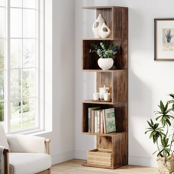 Rolanstar 5-Tier Bookshelf - Narrow Corner Storage Shelf In Rustic Brown