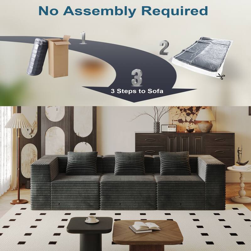 Corduroy Boneless Sectional Couch Floor Deep Seat Sofa with Pillows