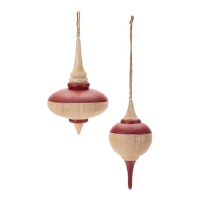 Oak Wood Top Glass Christmas Ornaments - 5" - Beige and Red - 12ct