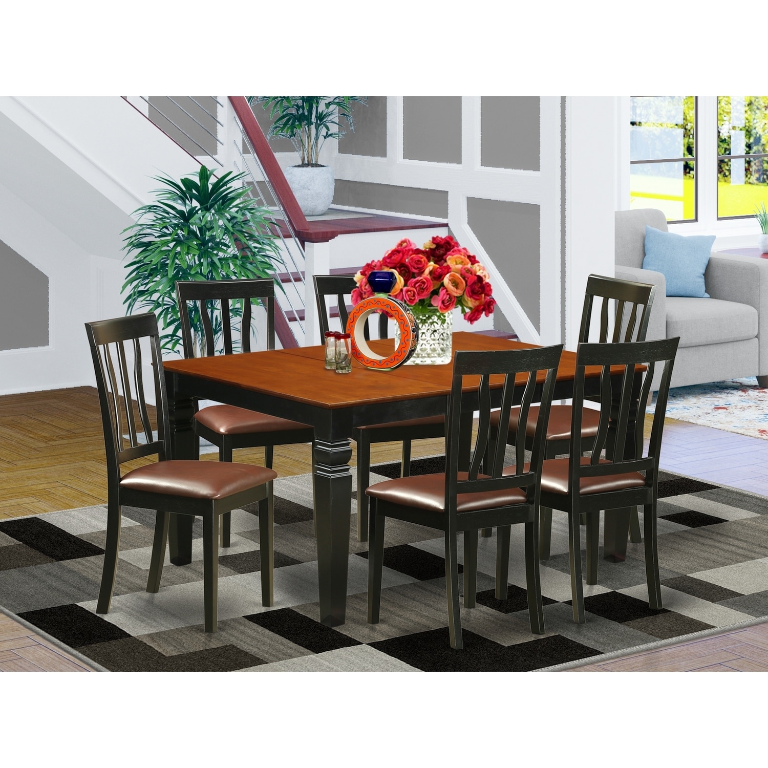 7 Piece Dining Set - Rectangle Table with Leaf & 6 Chairs - Rustic Kitchen Furniture - Black