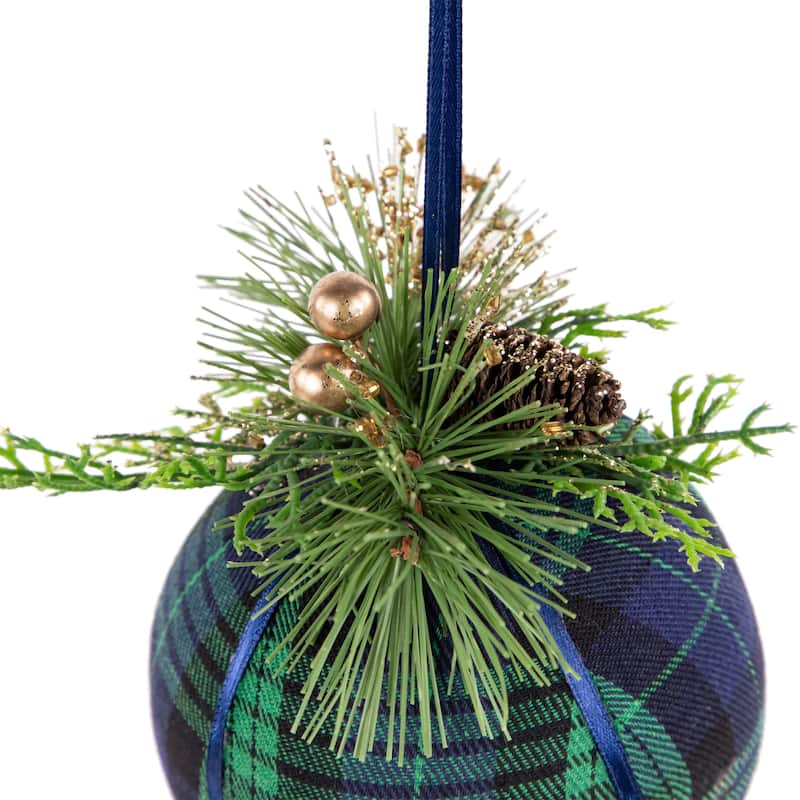 4" Green and Blue Plaid Hanging Christmas Ball Ornament