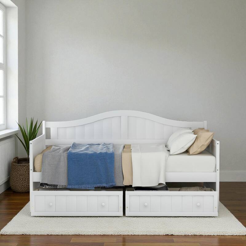 Twin Wooden Daybed with 2 Storage Drawers, Sofa Bed Frame for Bedroom or Living Room, Pine Wood Daybed with Slats