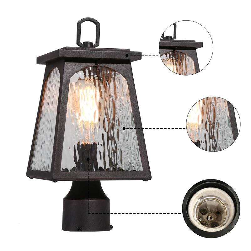 Modern Farmhouse 1-Light Outdoor Post Light Black Lantern with Water Ripple Clear Glass - W 6.7" x H 14.6"