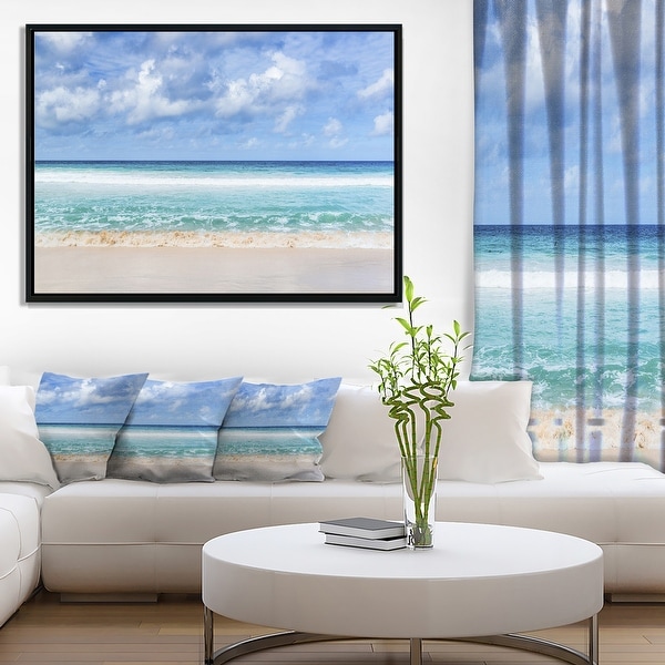 Designart 'Tranquil Beach under White Clouds' Modern Seascape Framed Canvas Artwork Print. Opens flyout.