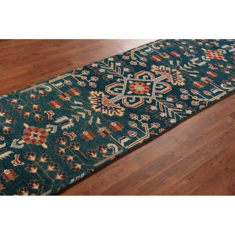 All-Over Green Tribal Kazak Indian Runner Rug Handmade Wool Carpet - 2'7"x 9'10"