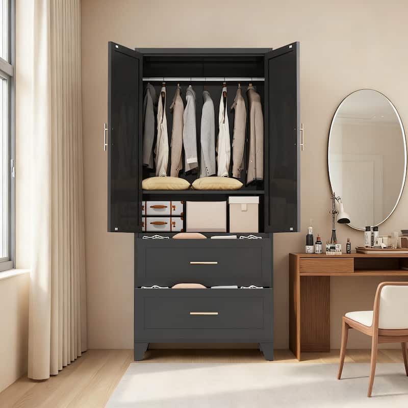 Tall Metal Wardrobe Armoire Cabinet with 2 Drawers and Hanging Rod, Black