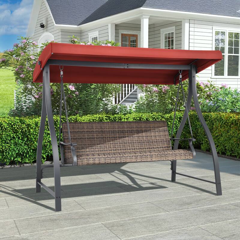 Aoodor 3-Seat Outdoor Rattan Patio Swing with Adjustable Canopy - Stylish Comfort for Your Porch, Garden, and Yard