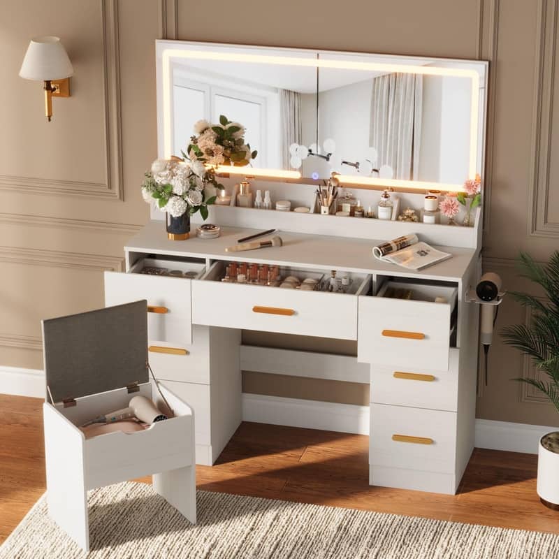 45.9" Vanity Desk with LED Mirror, Power Outlet, 7 Drawers - White
