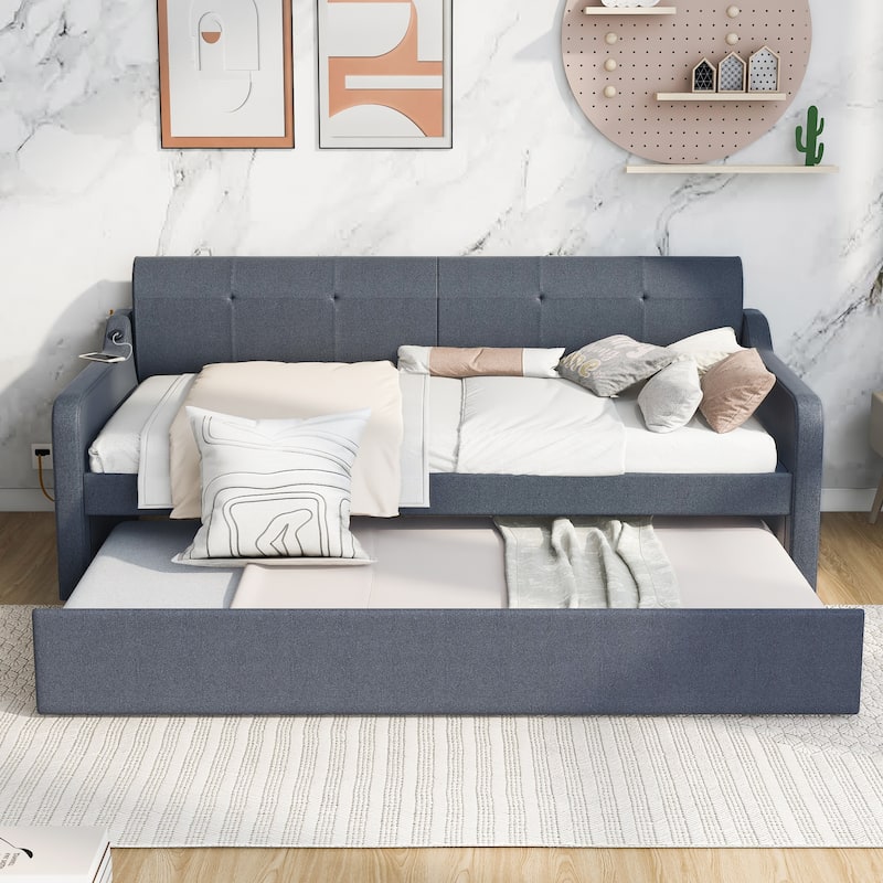 Twin Size Daybed with Trundle & USB Charging Design, Upholstered Sofa Bed with Backrest, Trundle Can be Flat or Erected