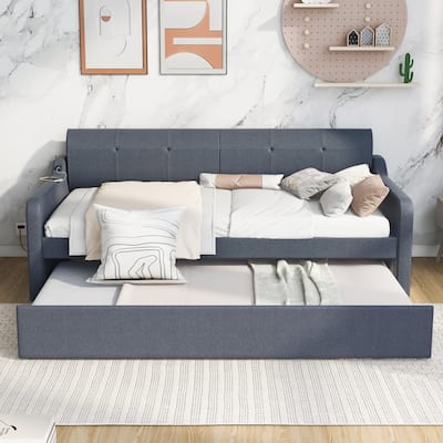 Twin Size Upholstery DayBed with Trundle and USB Charging Design,Gray
