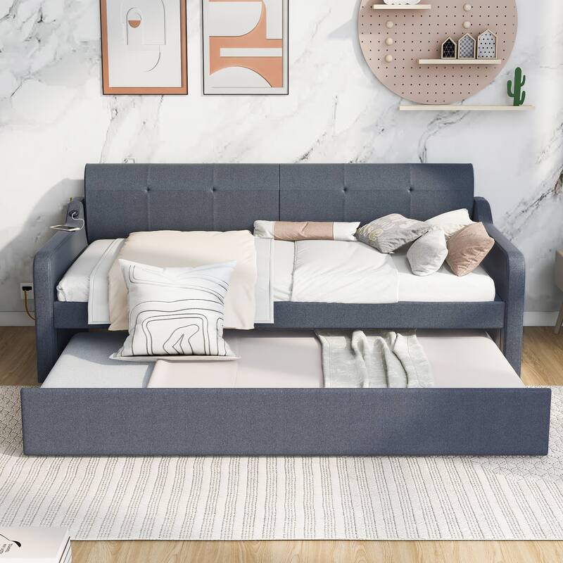 Twin Size Upholstery Daybed Slatted Frame Pullout Bed with Trundle and Usb Charging Design