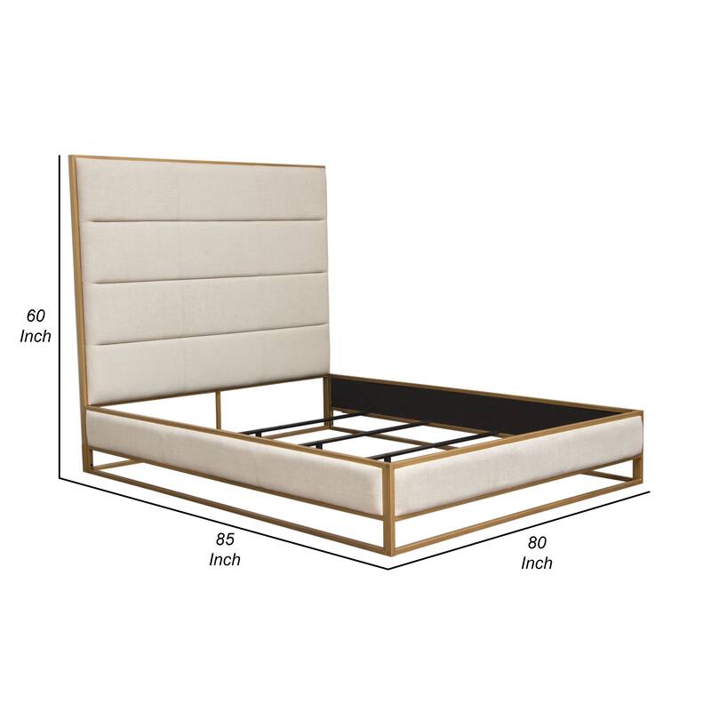 Chek King Size Bed w Channel Tufted Upholstery, Sand Brown, Gold Metal