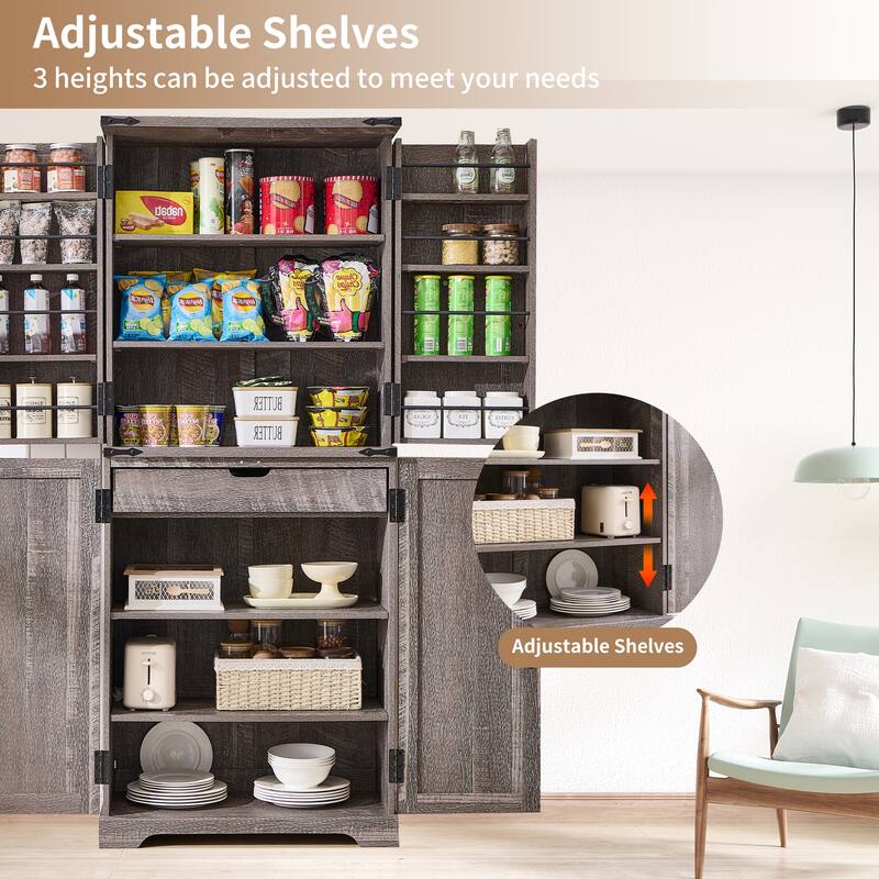 Farmhouse Wood Pantry Cabinet with Barn Doors, Adjustable Shelves