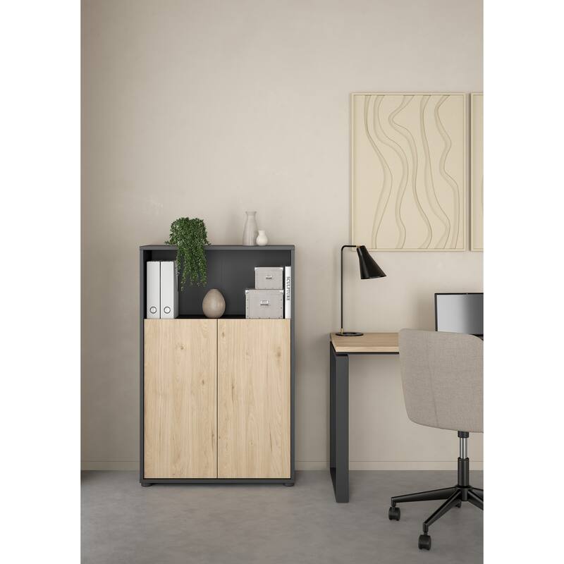 Carson Carrington Sign Adjustable 3 Shelf Bookcase with 2 Doors, Open Storage Home Office Bookshelf - 13.5"D x 31.34"W x 48.66"H