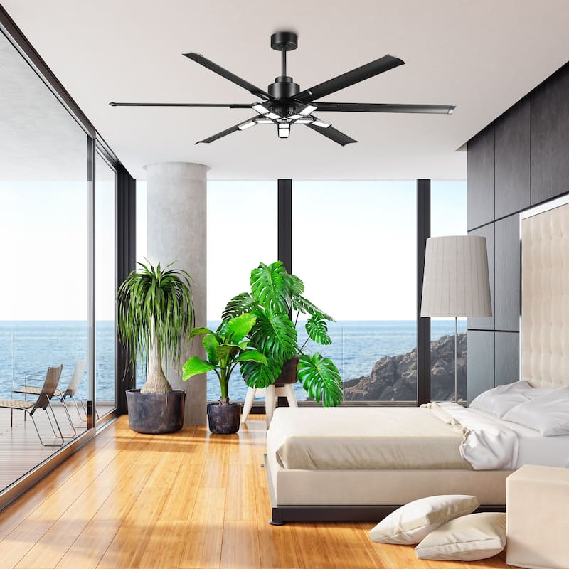 72" Industrial Matte Black Garage Large Ceiling Fan with Foldable LED Light and Remote