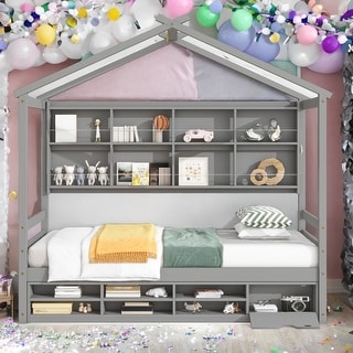 Wooden House-shaped Twin House Bed with Bedside Built-in Storage Shelves,Under Bed Storage