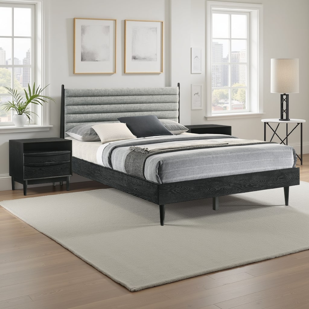 Mian Bedroom 3 pcs Set, Queen Platform Bed and Nightstand, Black, Gray