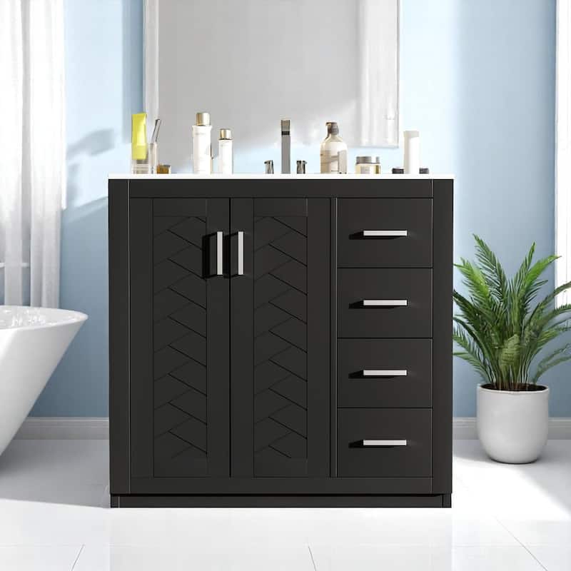 Modern 36 Inch Bathroom Vanity Set with Undermount Sink, Solid Wood Frame, 3 Drawers, and Concealed Cabinet - Black