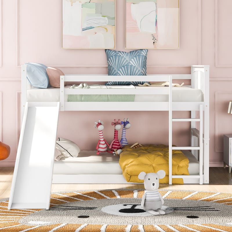 Wood Bunk Bed with Slide and Ladder, Solid Wood Bedframe with Safety Guardrail, Twin Over Twin Size, No Box Spring Needed - White - Twin