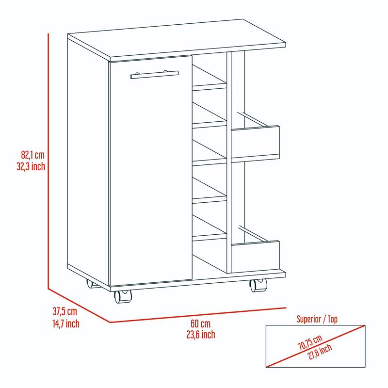 Bar Cart, Two External Shelves, Four Casters, Six Built-in Wine Rack, Single Door Cabinet -Black